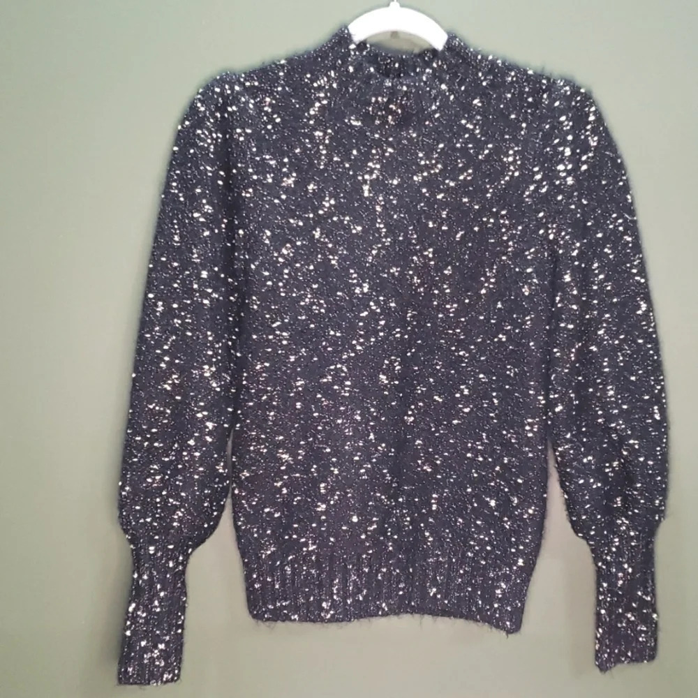 Ann Taylor Factory Balloon Sleeve Sweater Women's Size XS Mock Neck Black Gold